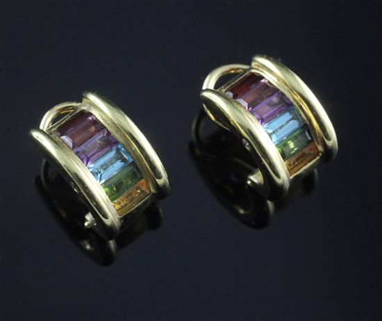 A pair of modern 18ct gold and multi gem set half hoop earrings, 15mm.